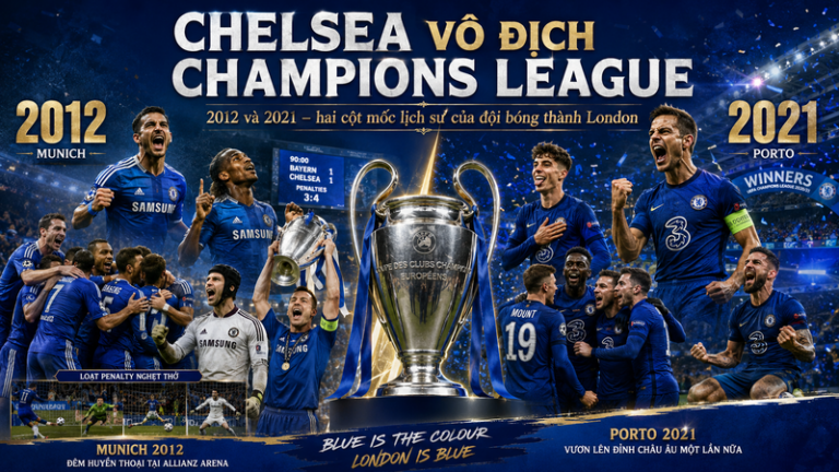 Chelsea vô địch Champions League vào các năm 2012 và 2021, hai cột mốc lịch sử của đội bóng thành London. 